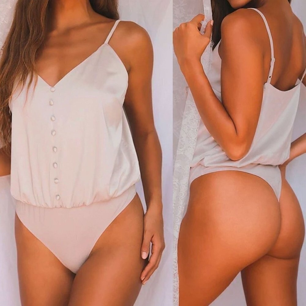 Lulus Womens‎ M That Song Satin Bodysuit Cami Top Champagne Beige Thong Buttons